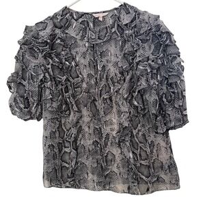 Rebecca Taylor‎ Snake Print Top 6 Sheer Metallic Ruffle Silk Boho Glam Chic Edgy